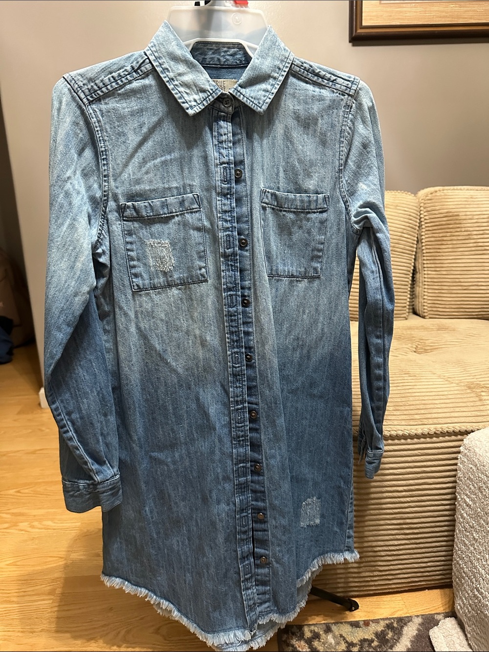 True Craft Light Blue Denim Shirt Distressed Long Tunic length